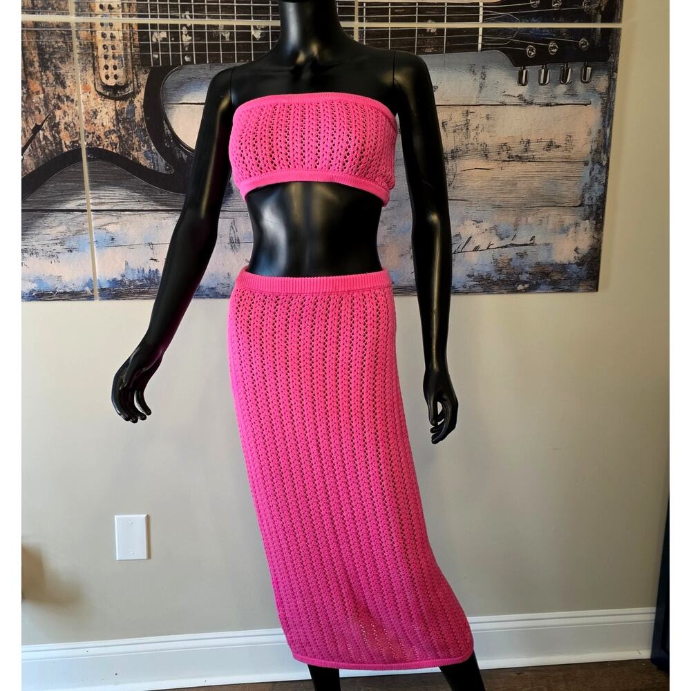 MISA Los Angeles Flamingo Pink Crochet 2 Piece Set NWT